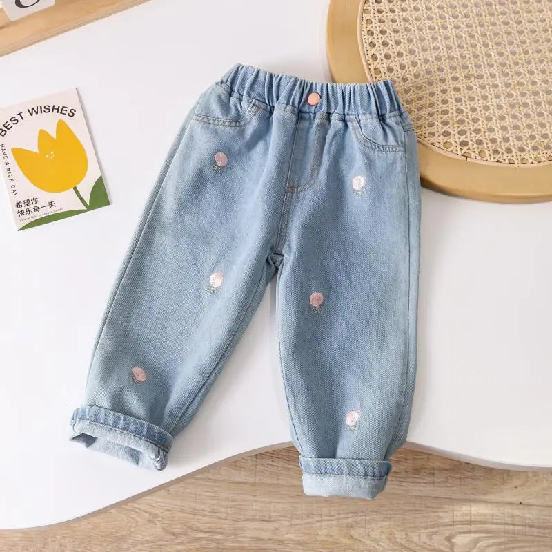 Pantalones vaqueros Sanrio Kids Hello Kitty con cintura elástica para niños pequeños, niñas y niños, estampado de dibujos animados, rodillas reforzadas y resistentes.