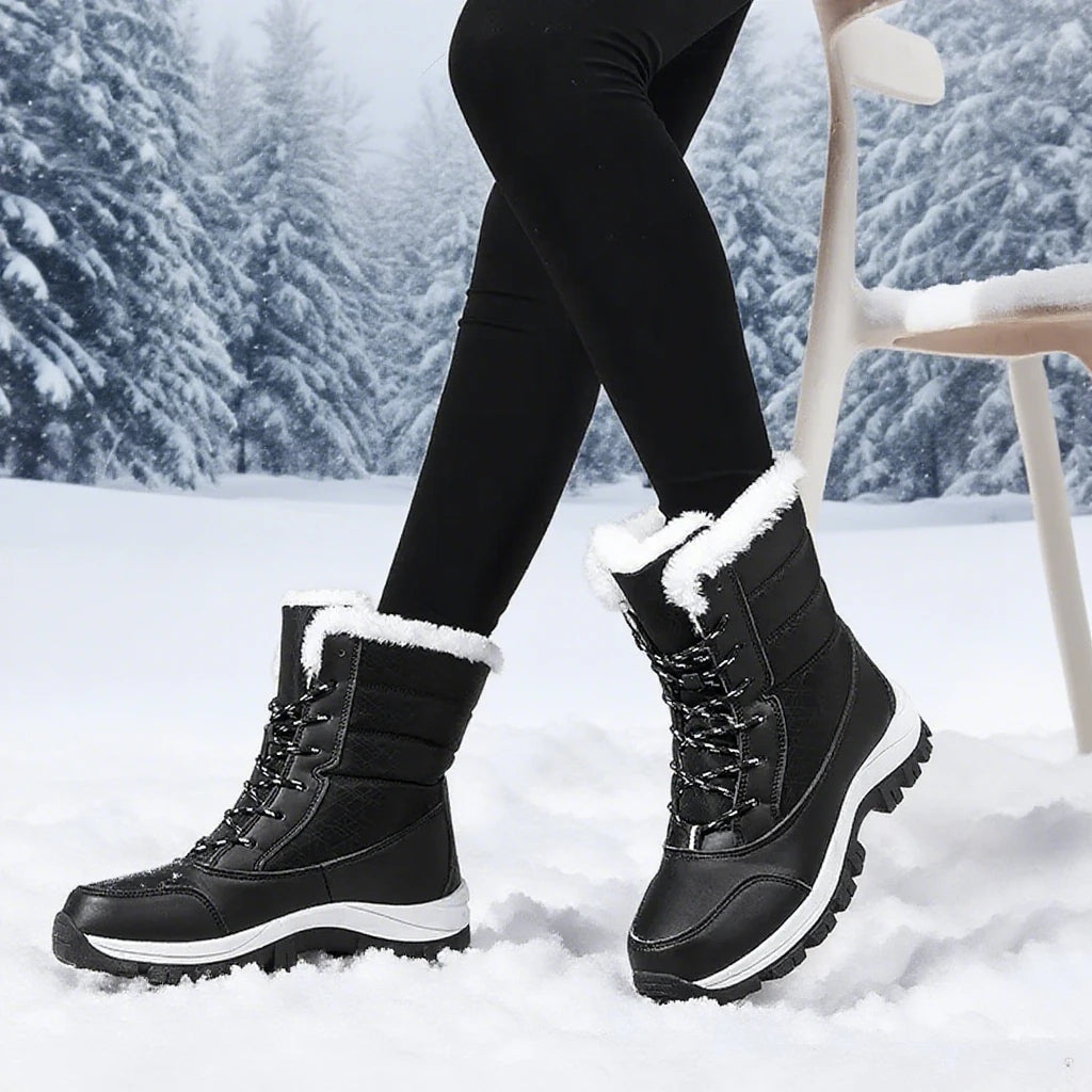 Winter Women's Waterproof High Heel Boots Strap Up Flat Heel Boots Warm Snow Shoes, Plush Outdoor Fashion Casual Boots