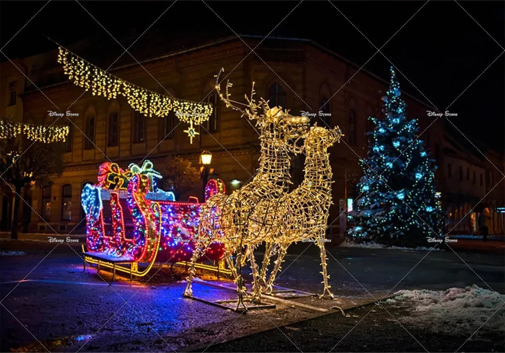 Christmas Reindeer Sleigh Painting Banner Night Elk Lights Christmas Party Photo Home Decoration Photography Background Studio