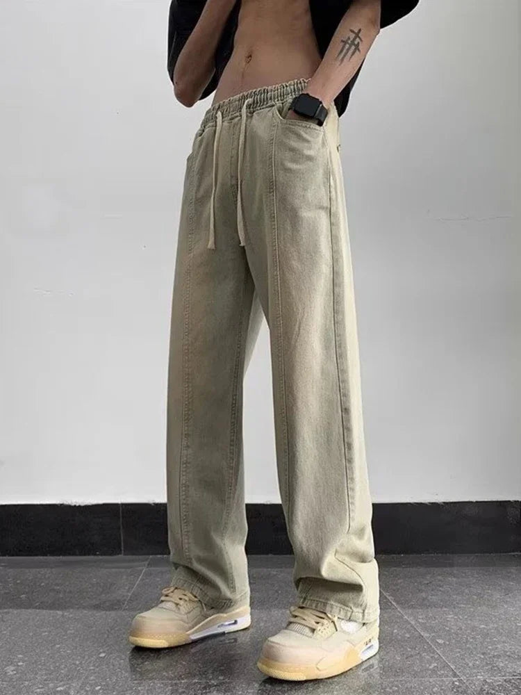 New Korean Fashion Baggy Jeans For Men Classic Drawstring Straight Denim Pants Y2K Vintage Jean Streetwear Wide-leg Trousers