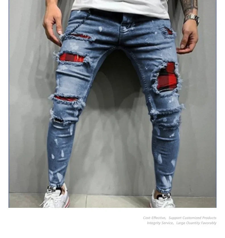 Pantalones vaqueros ajustados de cintura media con agujeros desgastados para hombre, estilo urbano, hasta el tobillo, lavados, 2025