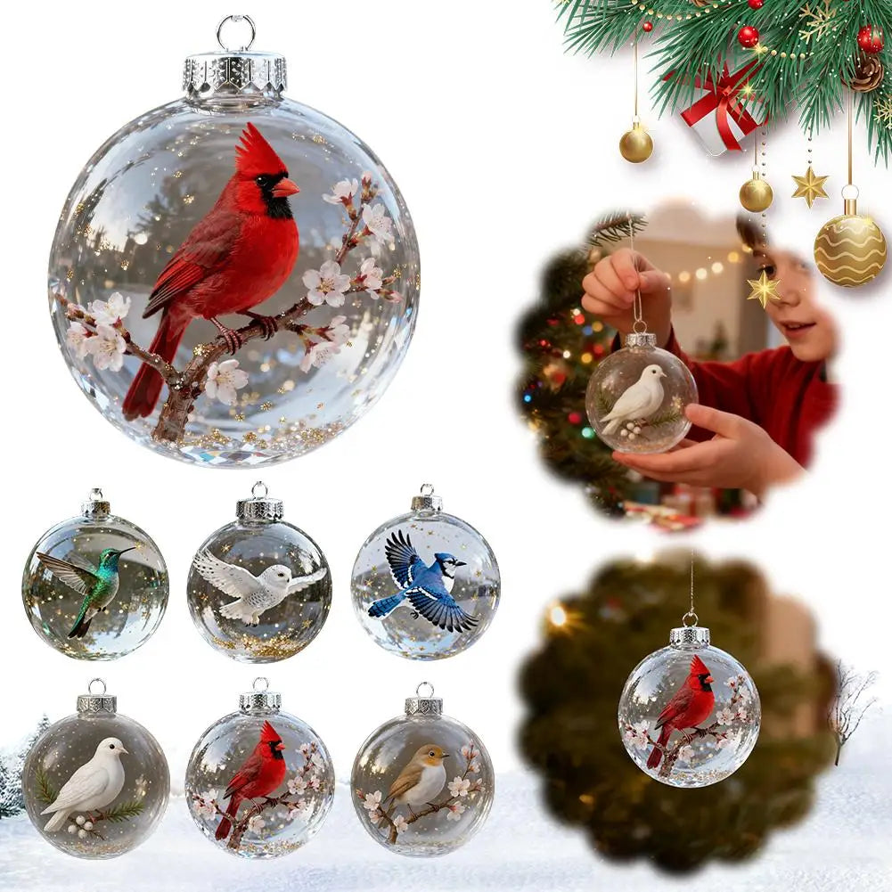 8CM Christmas Transparent Acrylic Ball Cardinal/Hummingbird Pattern Creative Christmas Tree Decoration Hanging Pendant For Home