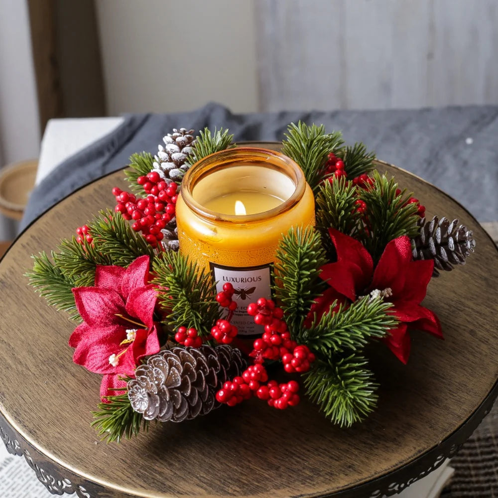 Christmas Wreath Artificial Berries Pinecone Pine Candlestick Wreaths Garland Candle Ring Table Home Party Decoration