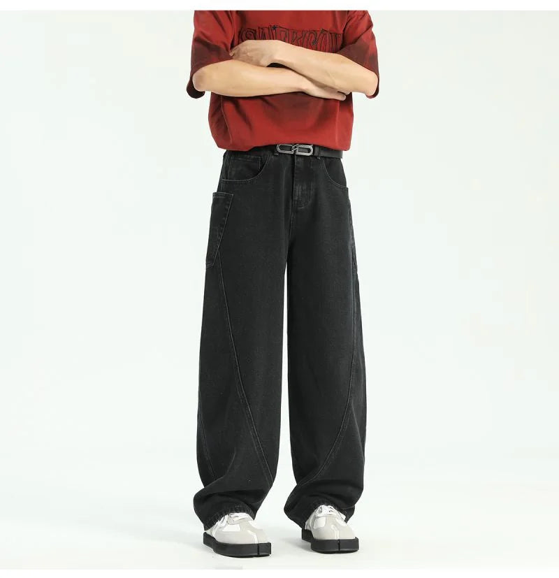 New Vintage Men‘s Patchwork Baggy Jeans Draped Straight-leg Denim Trousers Autumn Korean Fashion High Street Casual Y2K Jean