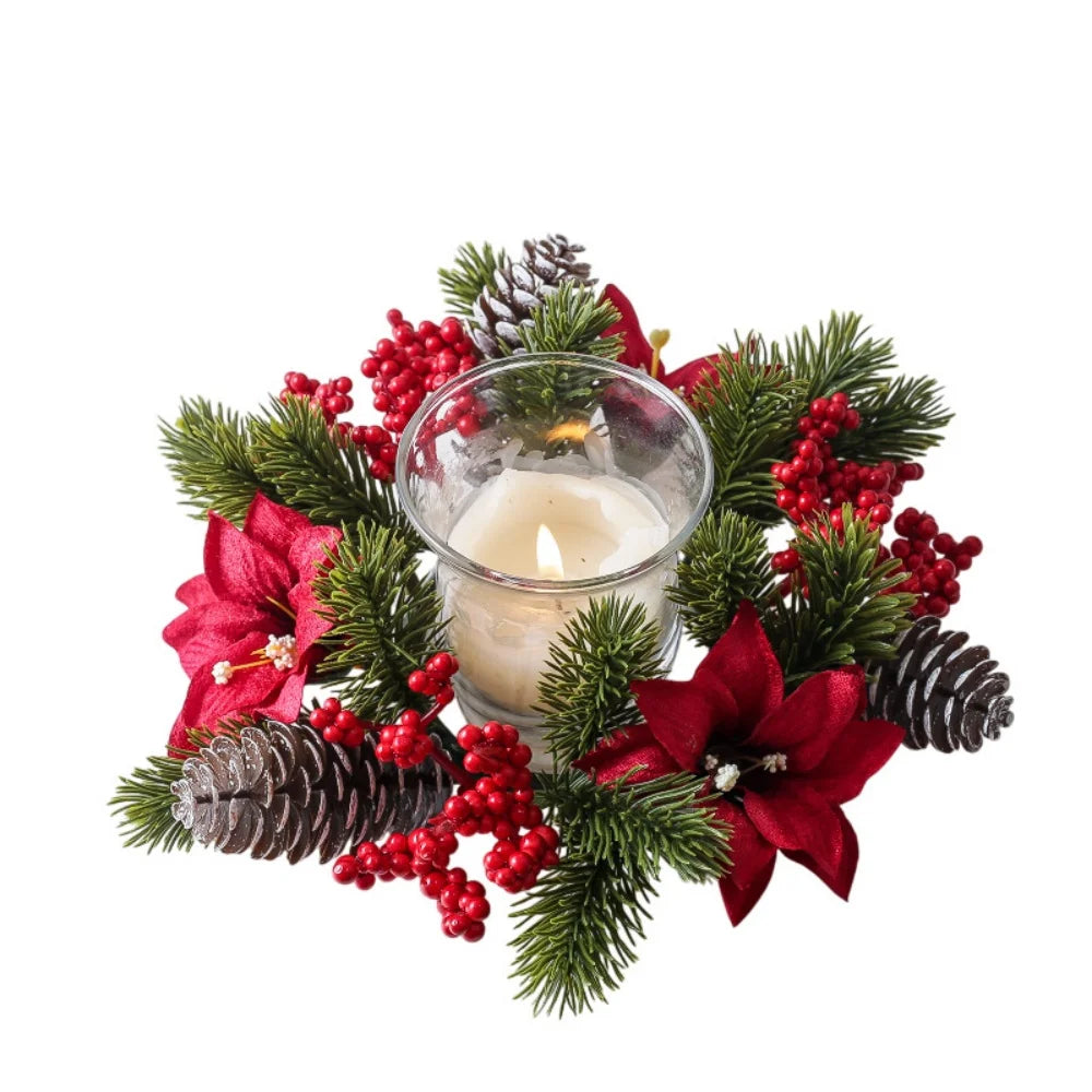 Christmas Wreath Artificial Berries Pinecone Pine Candlestick Wreaths Garland Candle Ring Table Home Party Decoration
