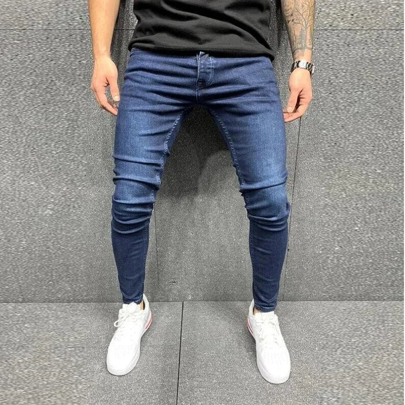 Pantalones vaqueros grises de color puro para hombre, cintura elástica, ajustados, elásticos, sin roturas, ropa de calle, color negro, 2021