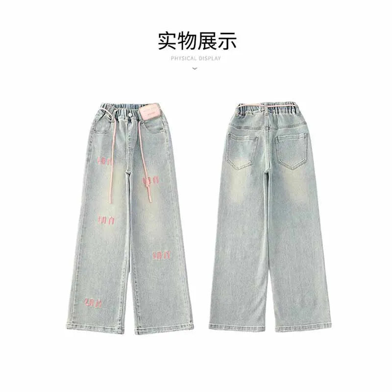 Pantalones vaqueros con letras para niñas, pantalón holgado e informal, elástico, recto, para primavera y otoño, de 2 a 12 años