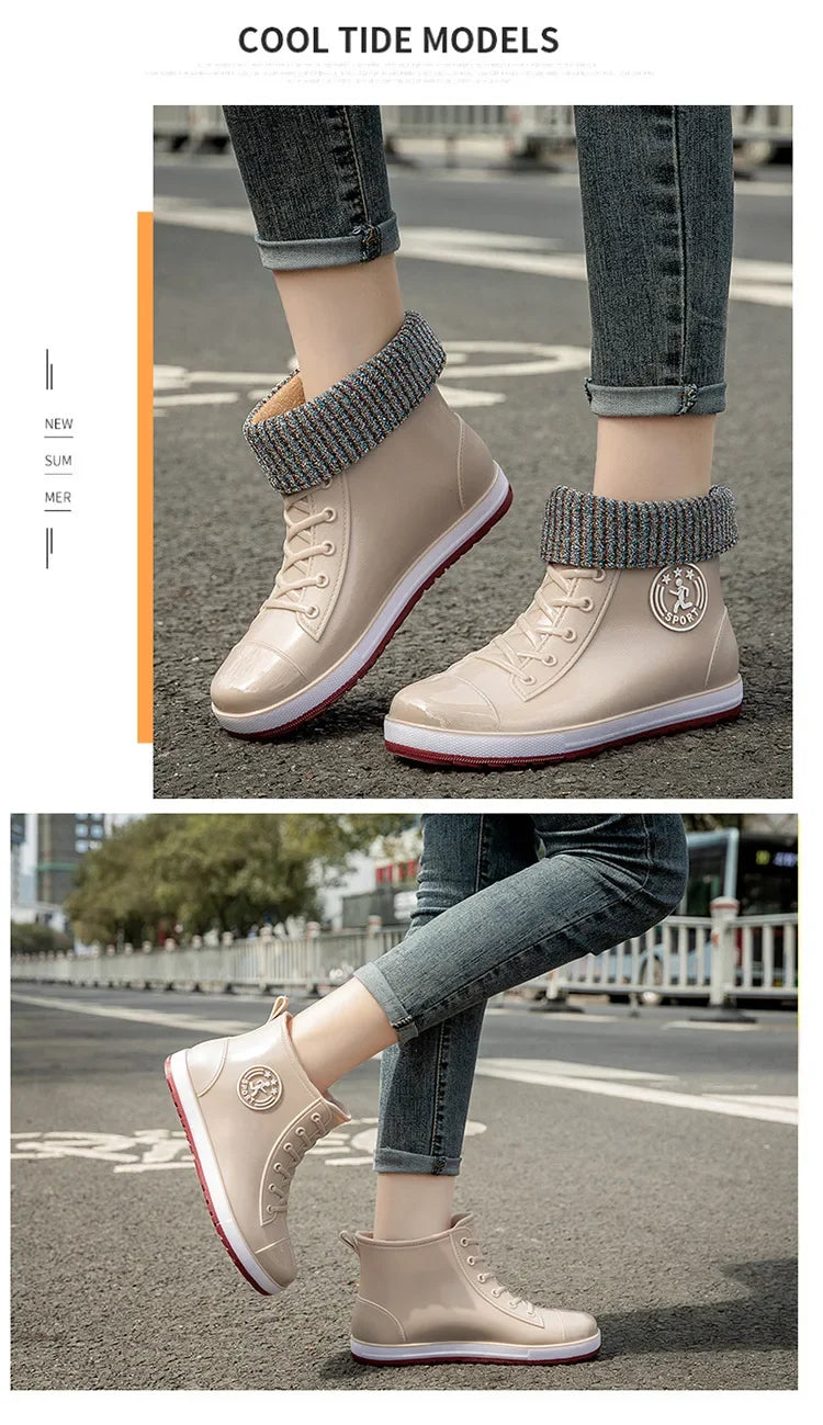 Women's Rain Boots Fashion Warm Cotton RubberShoes Ankle Rain Shoes for Women Waterproof Garden Galoshes Botas Lluvia Mujer