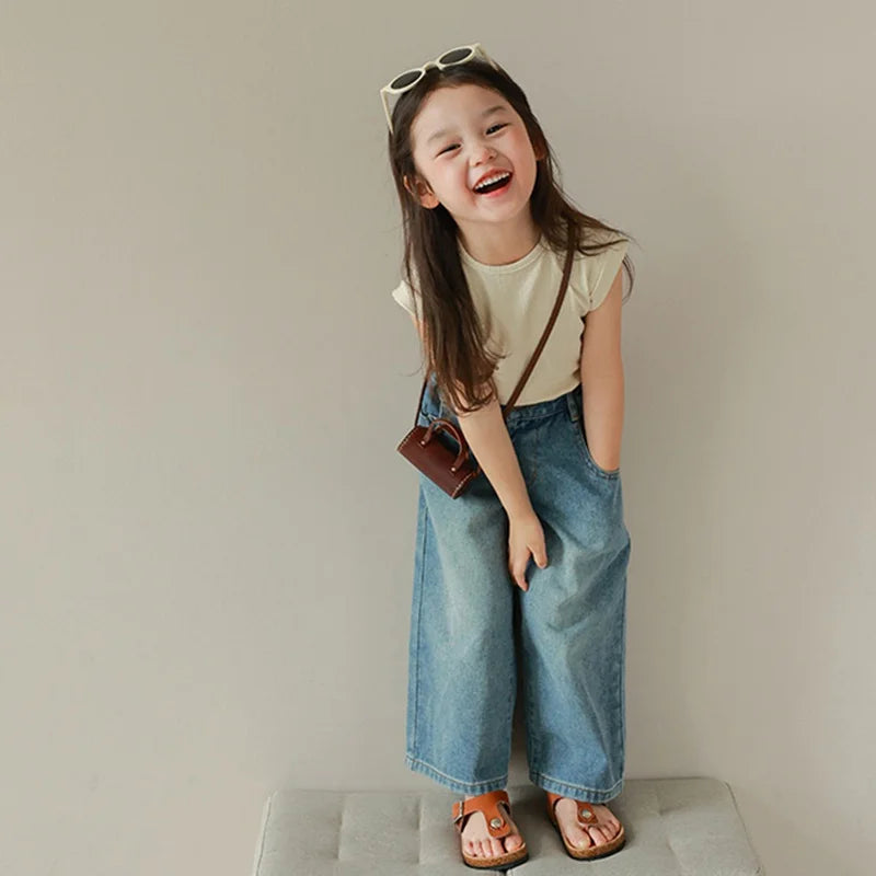 Pantalones vaqueros de cintura alta y pierna ancha para niñas de 3 a 8 años, lisos, con múltiples bolsillos y cintura elástica, pantalones vaqueros casuales de moda para niños.