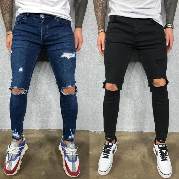 Fashion Street Style Knee Ripped Skinny Jeans Men Vintage Wash Solid Denim Trouser Mens Casual Slim Jogging Pants Men Clothes