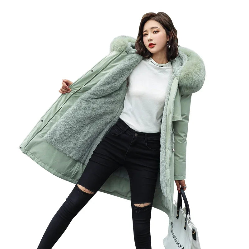 Cotton Liner Parker Women Long Coat Parka Coats Adjustable Waist Fur Collar Winter Jacket Coat Medium Long Hooded Parka Jackets