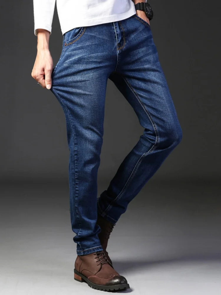 Summer Elastic Men's Jeans Fashion Gray Comfortable Business Straight Stretch Cotton Casual Denim Pants Brand Male Thin Trousers