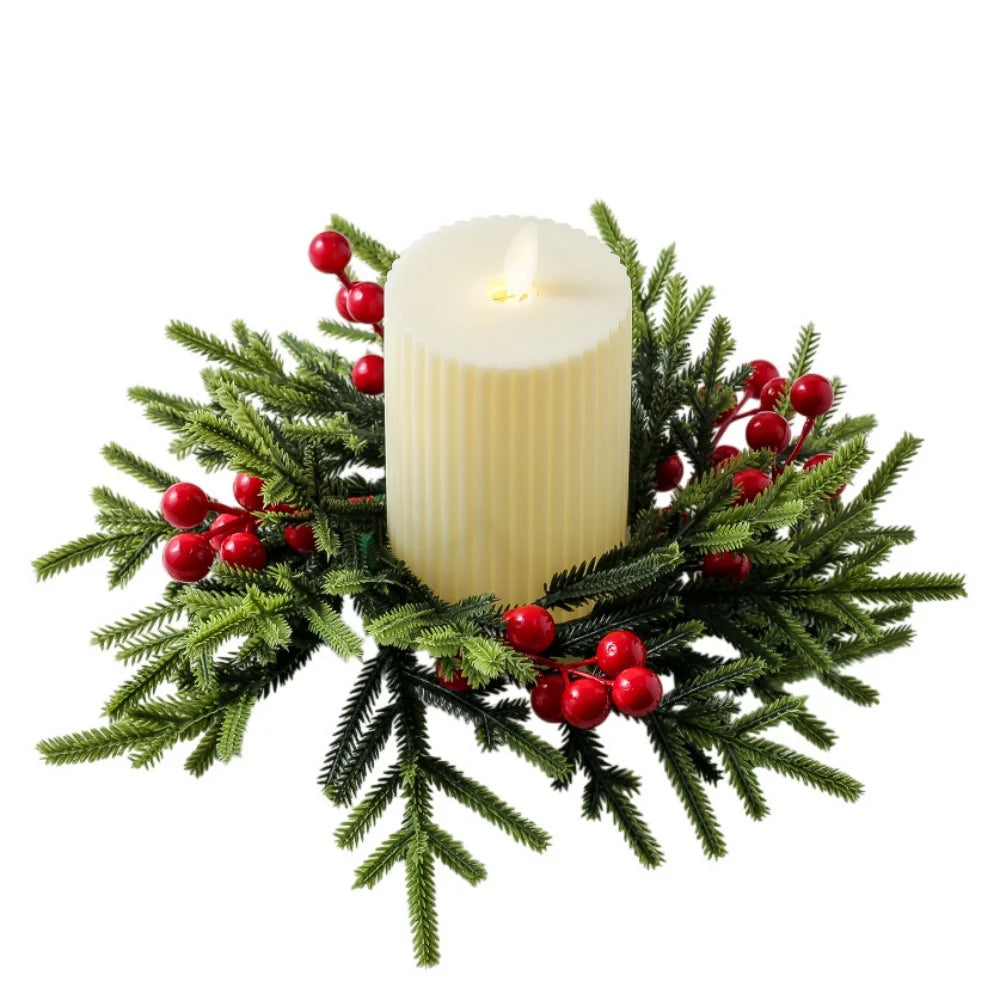 Christmas Wreath Artificial Berries Pinecone Pine Candlestick Wreaths Garland Candle Ring Table Home Party Decoration