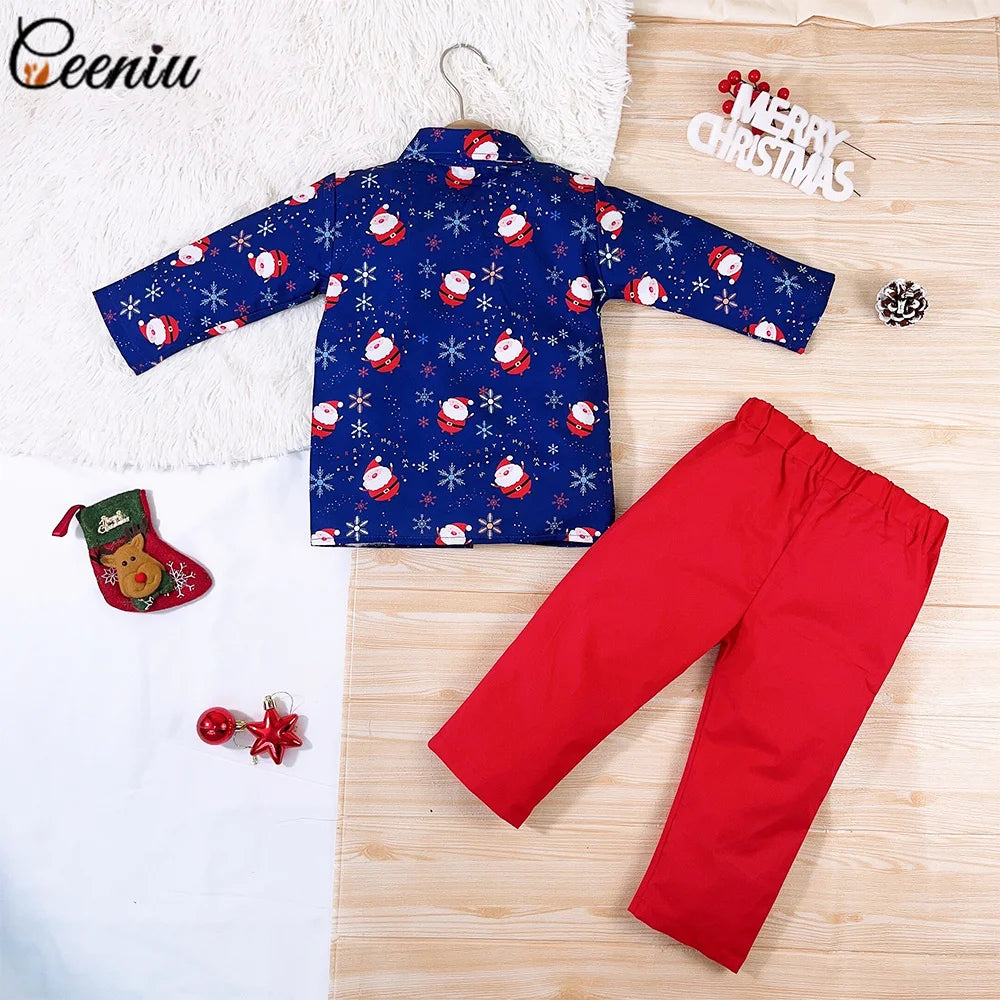 Ceeniu 1-5Y New Year Costume For Boy Christmas Outfit Santa Deer Printed Necktie Shirts and Red Pants Children Christmas Clothes