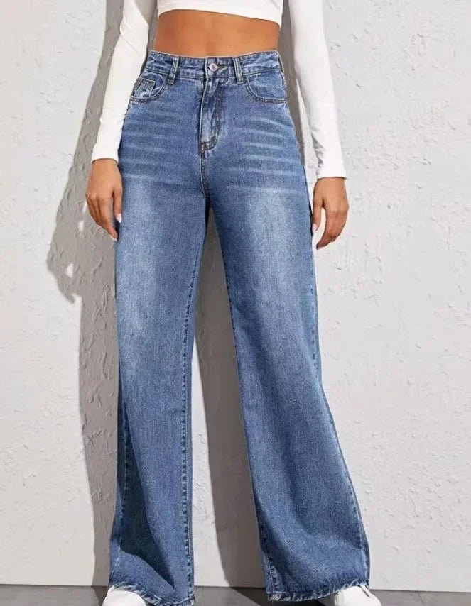 Vaqueros holgados de cintura alta para mujer, vaqueros azules lavados con cremallera y hasta los tobillos, pantalones vaqueros rectos informales para mujer