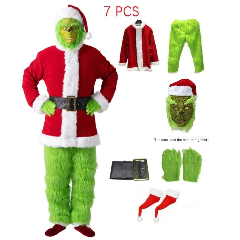 Disfraz de Papá Noel de primera calidad, conjunto de disfraces navideños, ropa de cosplay, Papá Noel friki, pelo verde, Grinch friki, ropa para actuaciones