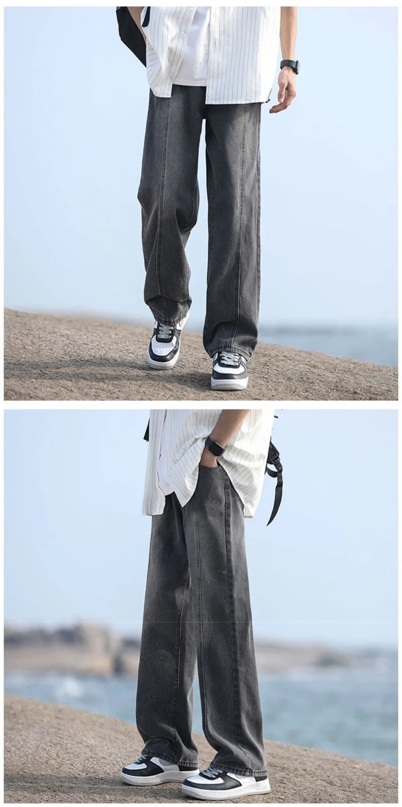 New Korean Fashion Baggy Jeans For Men Classic Drawstring Straight Denim Pants Y2K Vintage Jean Streetwear Wide-leg Trousers