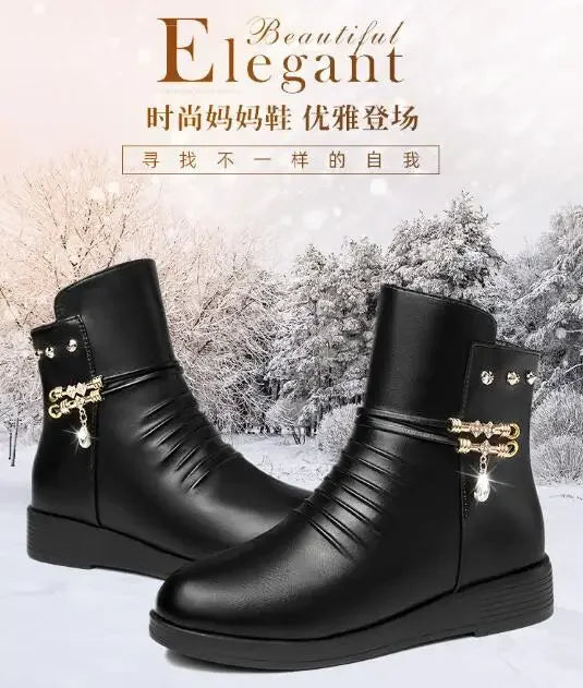 Solid Black NEW Women Luxury Brand Designer Snow Boots Metal Classic Furry Winter Warm Shoes Female Ankle Boot Women Botas Mujer