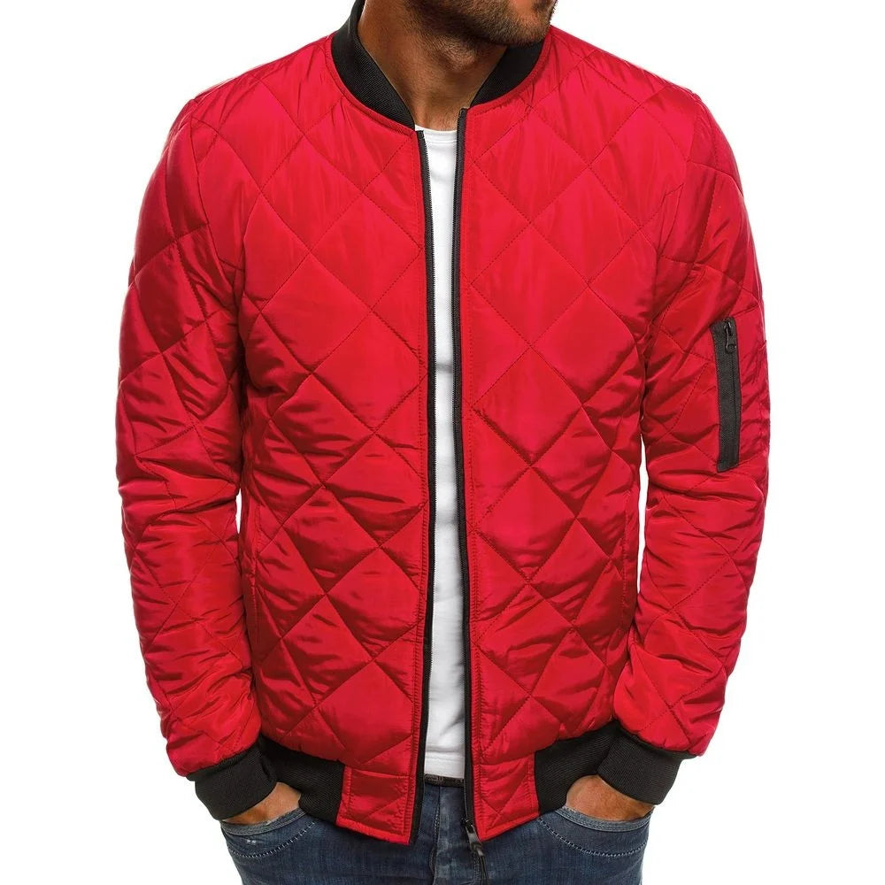 Men's Solid Color Diamond Check Seaming Thickened Standing Collar Cotton-padded Jacket, Winter New Casual Warm Zipper Jacket