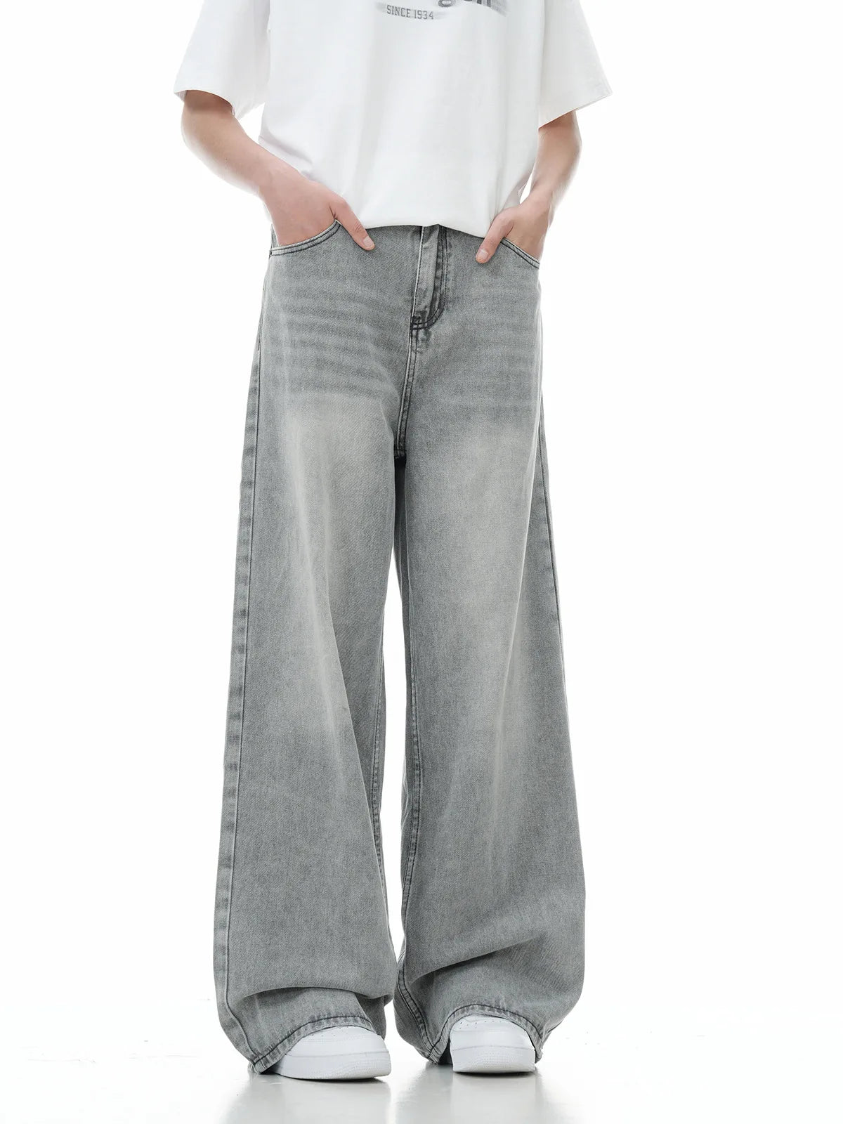 Men Floor Length Pant Jeans Denim Wide Leg Pants Loose Casual Straight Trousers Pocket High Waist Splice Autumn Winter