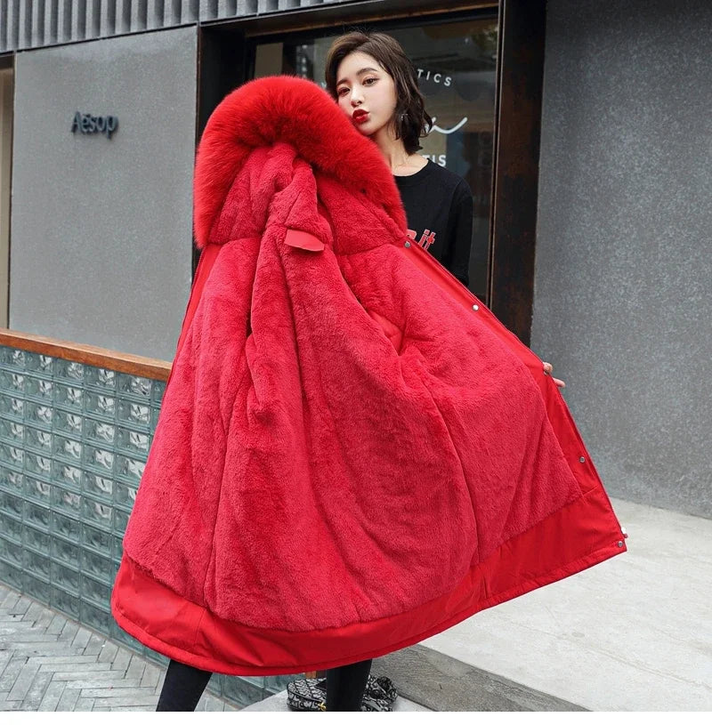 Cotton Liner Parker Women Long Coat Parka Coats Adjustable Waist Fur Collar Winter Jacket Coat Medium Long Hooded Parka Jackets
