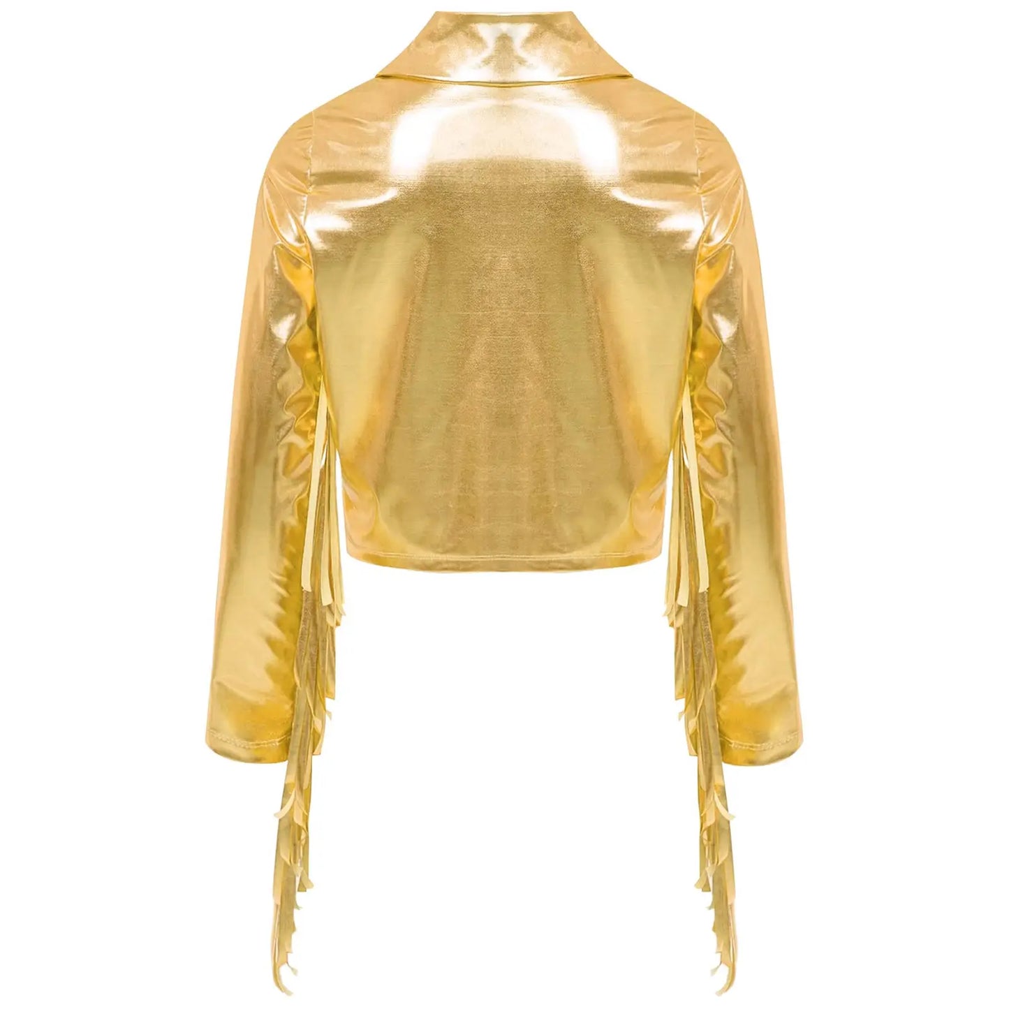 Kids Girls Tassels Metallic Jacket Top Fringe Shiny Turn-Down Collar Long Sleeve Zipper Jacket Coat for Hip Hop Street Dance