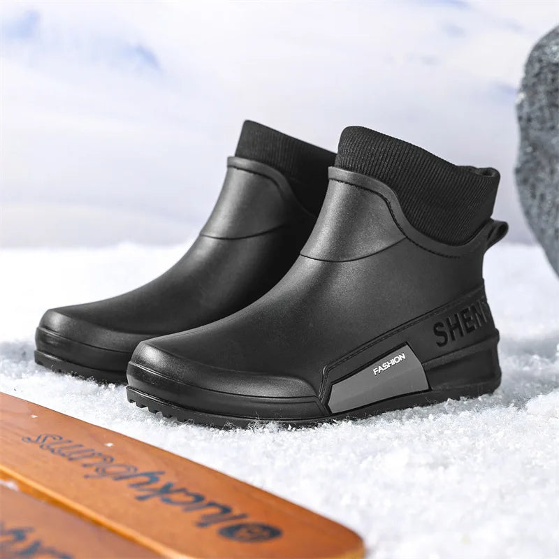 Waterproof Ankle Rain Boots for Men Chef Kitchen Fleece-lined Man Shoes Work Fashion Rainy Day Non-slip Garden Fishing Wellies