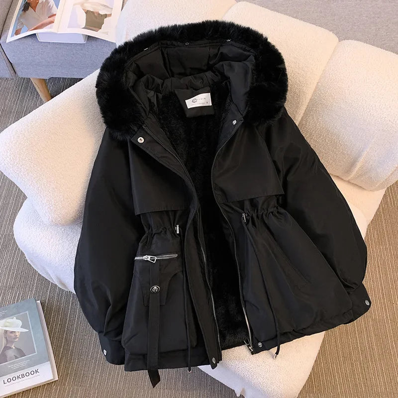 Fur Hooded Women Thick Parkas Zipper Autumn Coats Elastic Waist Midi Jackets Pockets Coats Elegant Coat Warm Winter 2024