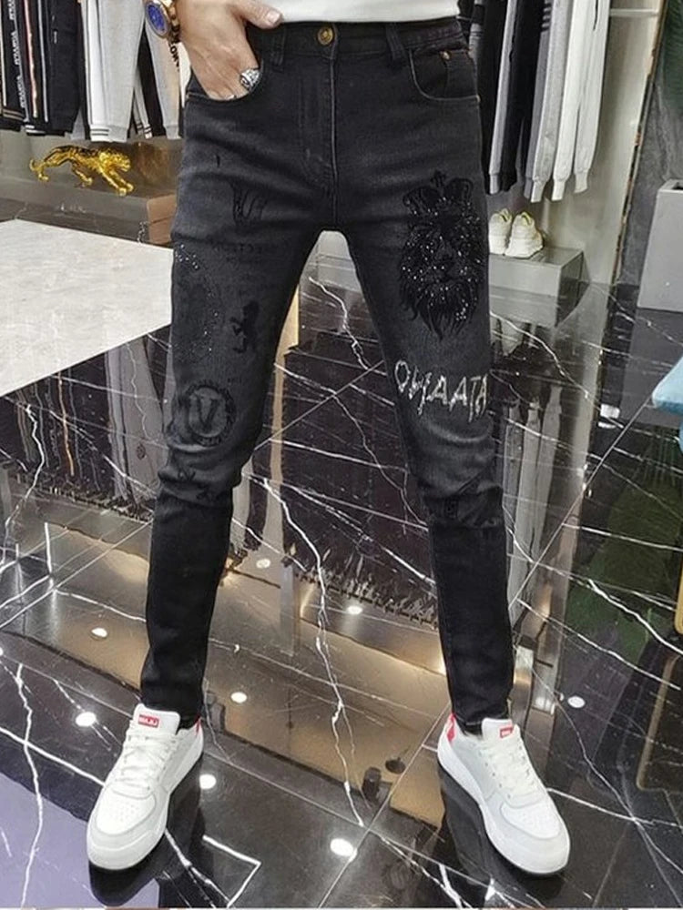 High End Stylish Classic Distinctive Printed Black Stretch Denim Jeans for Men High Quality Slim Fit Stretch Luxury Denim Pants
