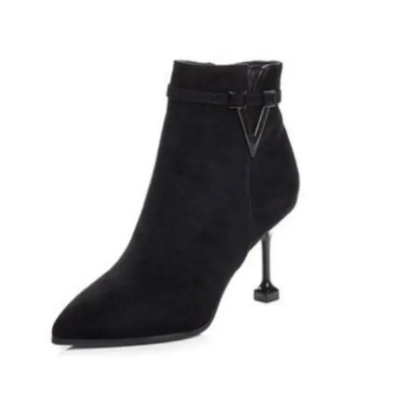 Botas de tacón fino de aguja con punta puntiaguda de piel sintética con cremallera, sexys, hasta el tobillo, para mujer, tacones altos rojos de 9 cm, para primavera y otoño, talla 40