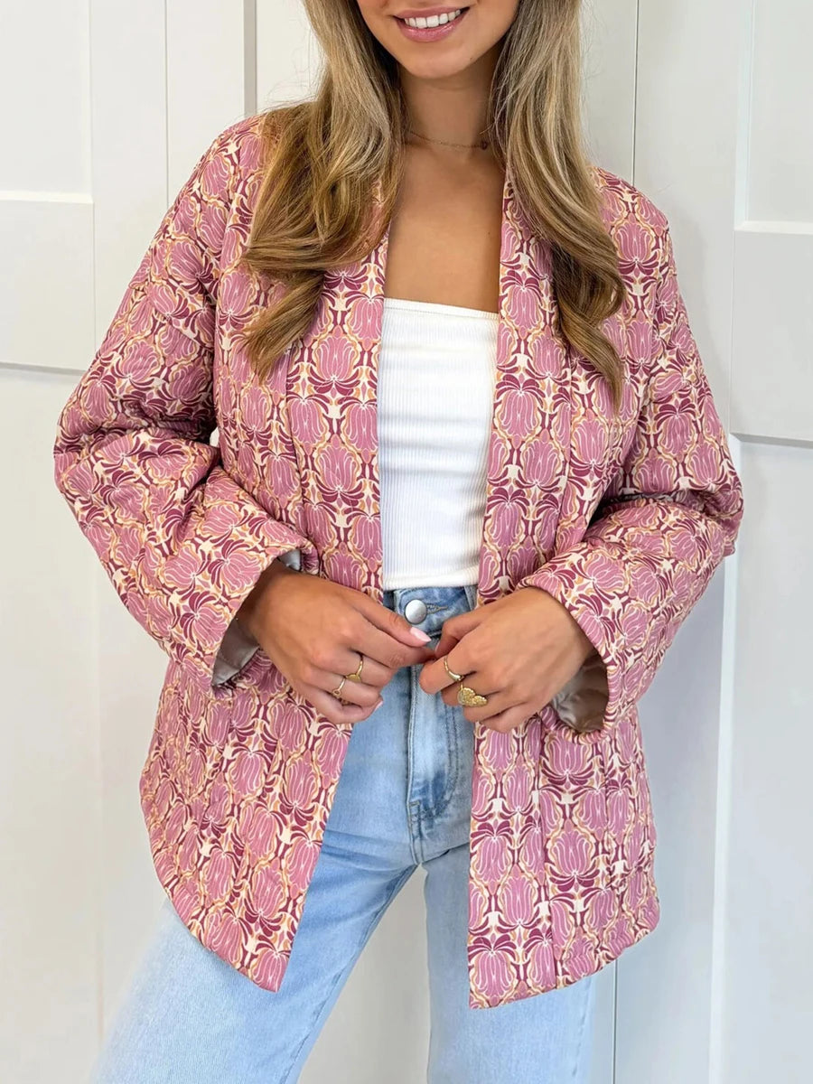 2024 New Fashion Women Winter Padded Jacket Vintage Print Open Front Quilted Long Sleeve Coat Cardigan