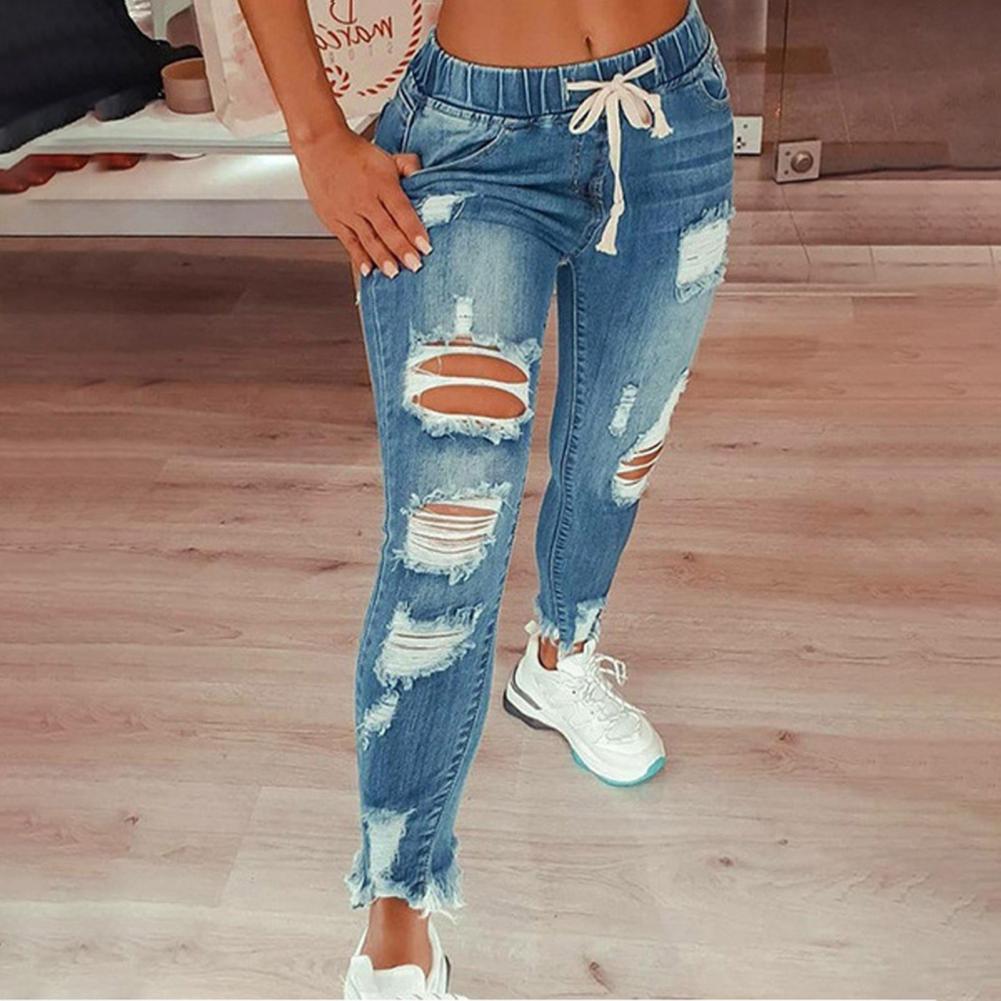 2022 Hot Sale Women Ripped Elastic Waist Jeans Fashion Slim High Stretch Denim Pencil Pants Large Size Trousers S-5XL Drop Ship