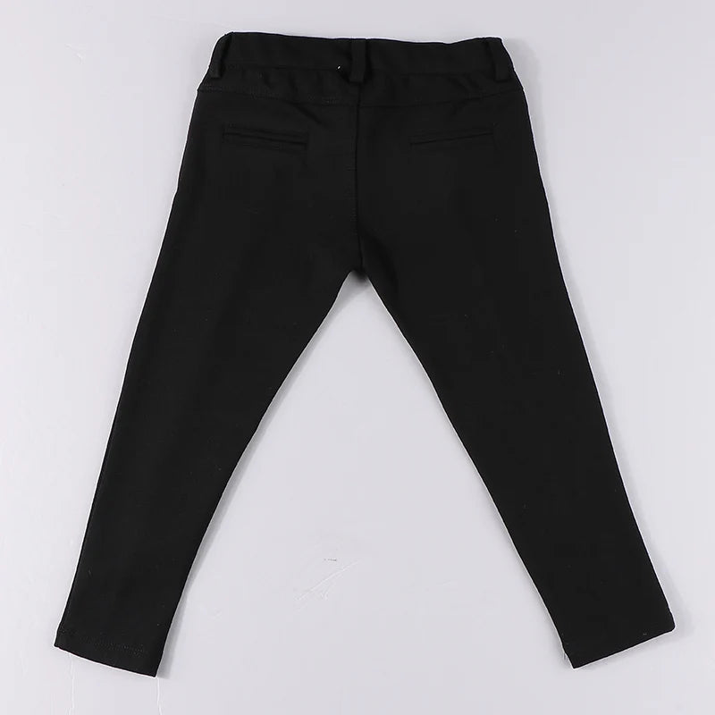 Pantalones largos negros para niños, para todas las estaciones, con cintura elástica alta, a la moda, ropa de verano para niños, con cremallera frontal y abertura.