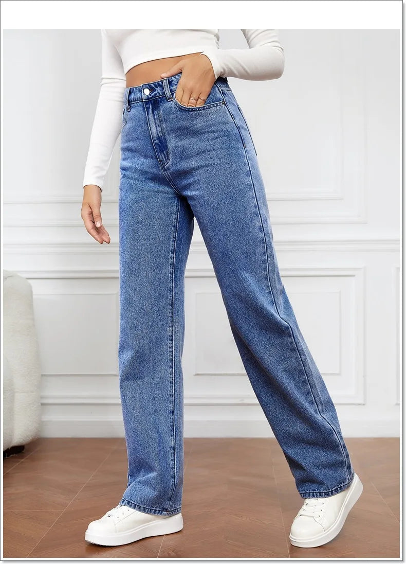 Pantalones vaqueros rectos para mujer, lavados, cintura alta, holgados, bolsillos, básicos, hasta el tobillo, color liso, ligeramente elásticos.