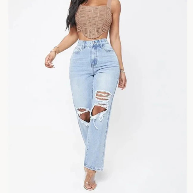 Mom Jeans Women Pant Long Pants Hollow Out Blue Elegant High Waist Pencil Elegant Wide Leg Streetwear Y2k Denim Trousers 2025