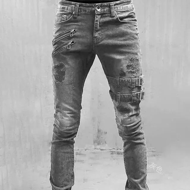 Pantalones vaqueros de tubo para hombre, de cintura media, estilo motociclista, lavados, con bolsillos, ajustados, ligeramente elásticos, hasta el tobillo, con cremallera, 2024