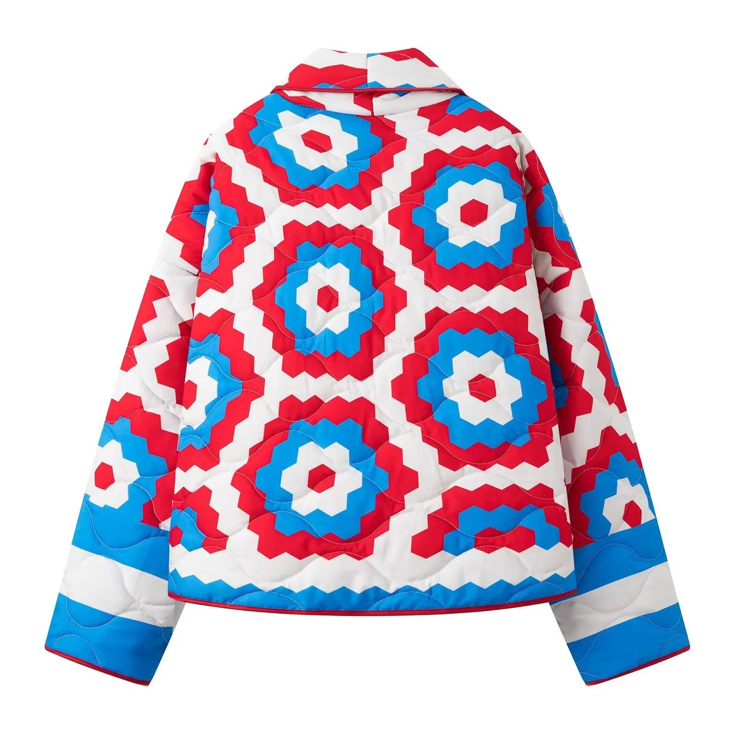 Women Casual Parka Fall-Winter 2024 Fashion Geometric Print Spliced Jacket Vintage Lapel Kimono Cardigan Elegant Thermal Tops