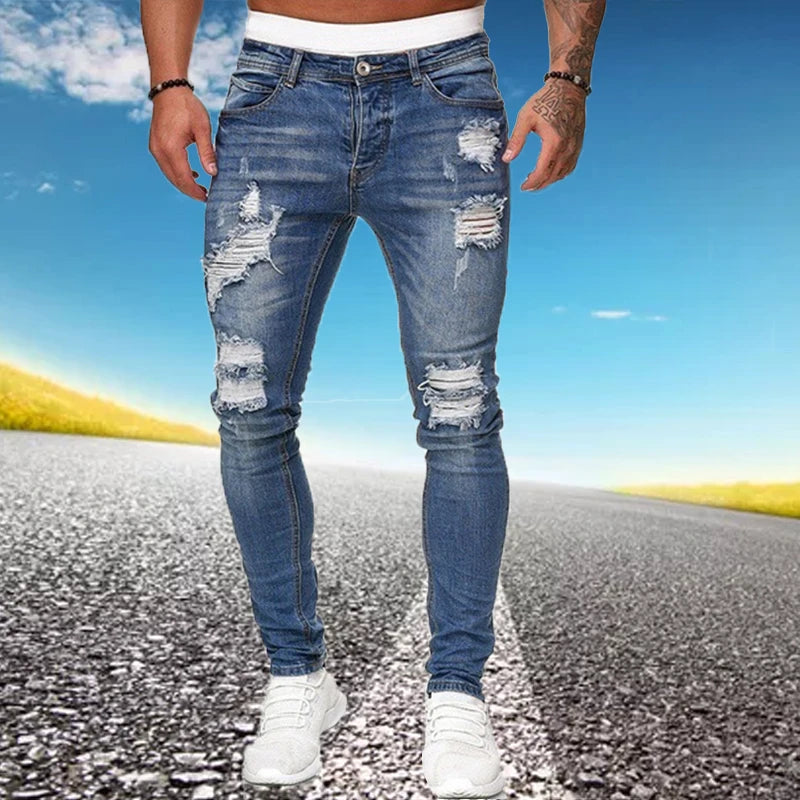 2024 Nuevo estilo callejero, pantalones vaqueros ajustados rotos para hombre, pantalones vaqueros lisos con lavado vintage, pantalones vaqueros ajustados informales para hombre, pantalones vaqueros elásticos tipo lápiz