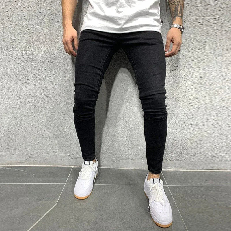 Pantalones vaqueros grises de color puro para hombre, cintura elástica, ajustados, elásticos, sin roturas, ropa de calle, color negro, 2021