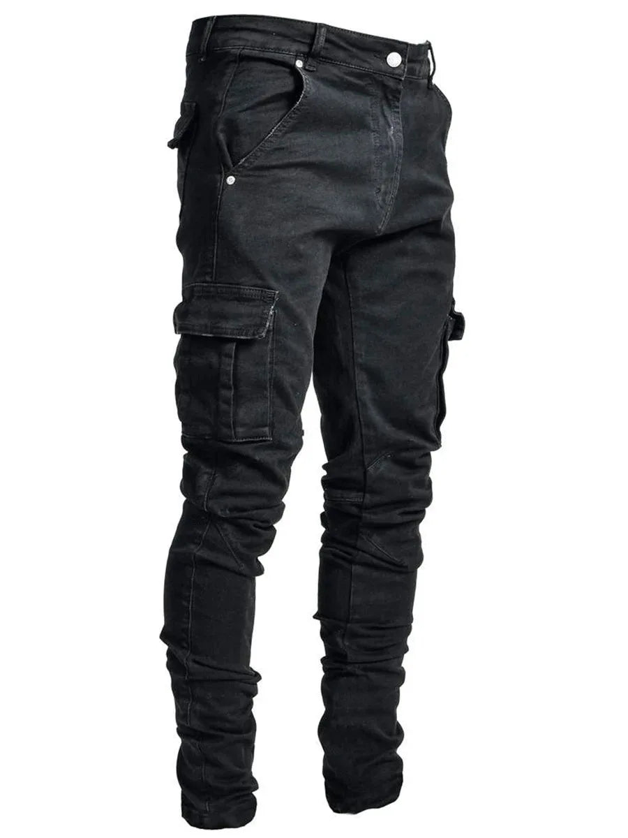 Pantalones vaqueros elásticos de calle para hombre, pantalones cargo de mezclilla lavados, de color sólido, con múltiples bolsillos, pantalones casuales de cintura media, ajustados, para uso diario, para correr