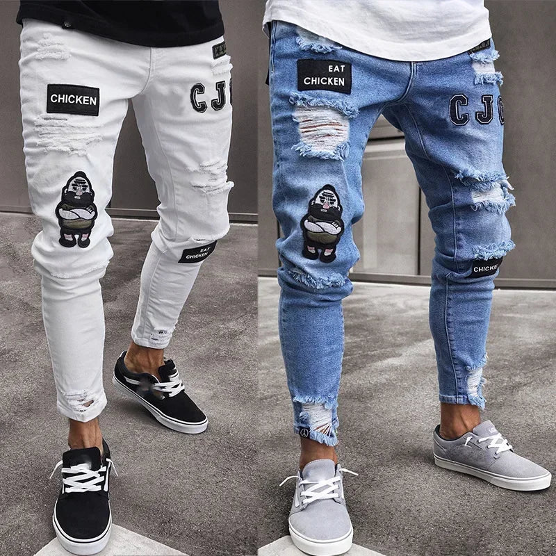 Punk Denim Pants Men Jeans Skinny Ripped Hole Patchwork Slim Pencil Denim Hip Pop Trousers Autumn Plus Size Streetwear Men's