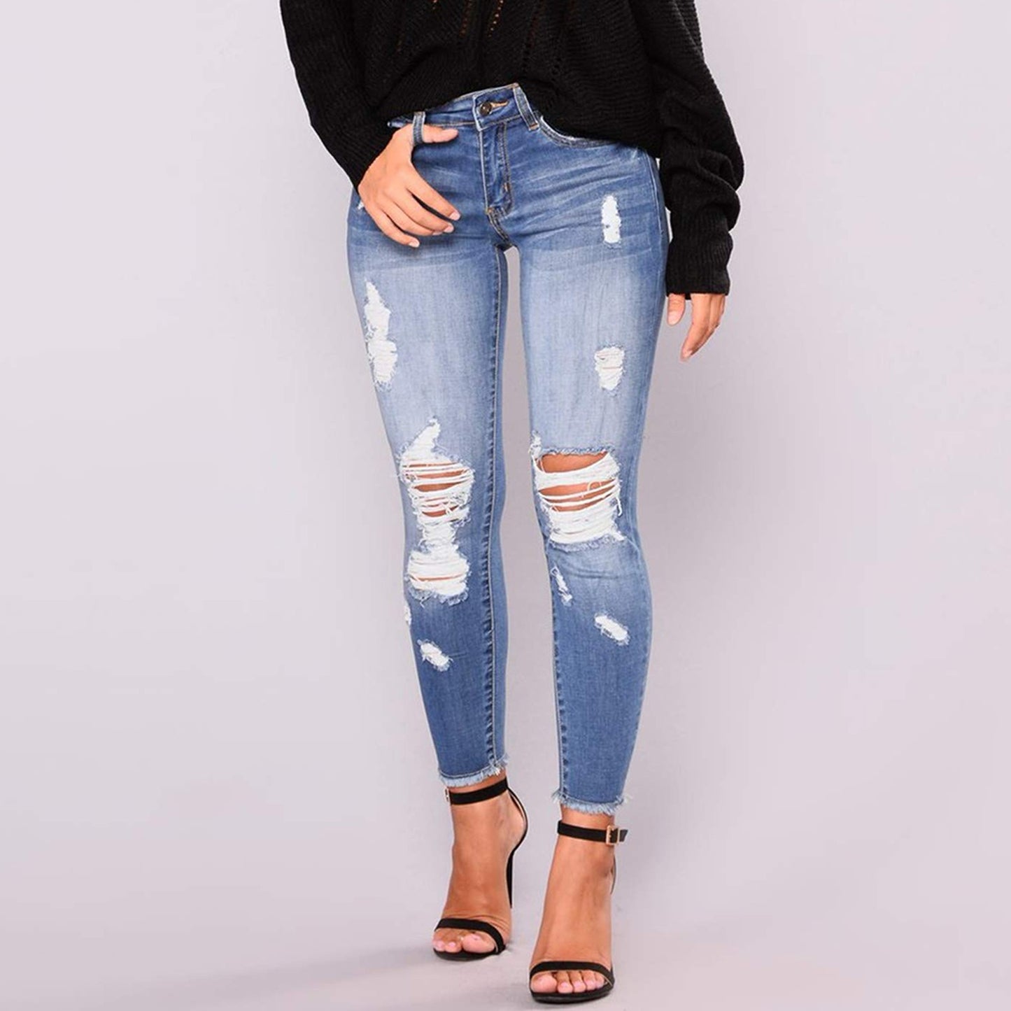 Pantalones vaqueros ajustados con agujeros rasgados para mujer, pantalones vaqueros desgastados con realce de glúteos y bolsillos, ropa de calle vintage elástica
