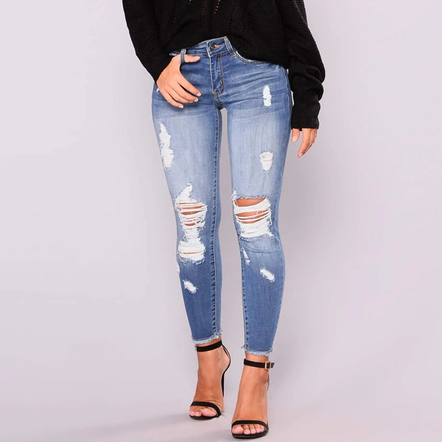 Pantalones vaqueros ajustados con agujeros rasgados para mujer, pantalones vaqueros desgastados con realce de glúteos y bolsillos, ropa de calle vintage elástica