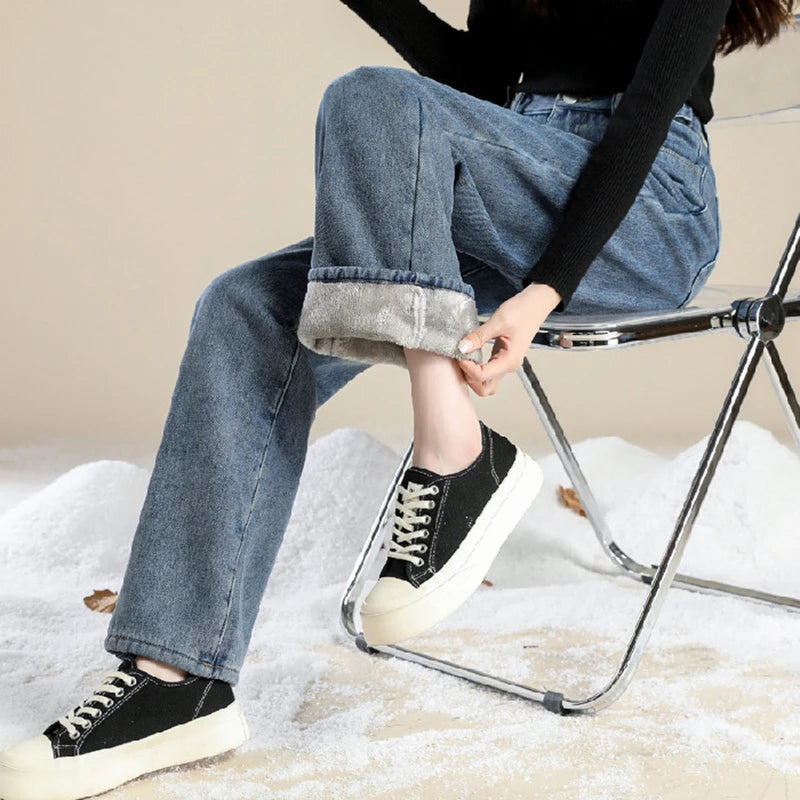Women Winter Pants Blue Jeans Woman Korean Fashion Straight Leg Jeans Streetwear Y2k Denim Female Clothing Women'S High Waist