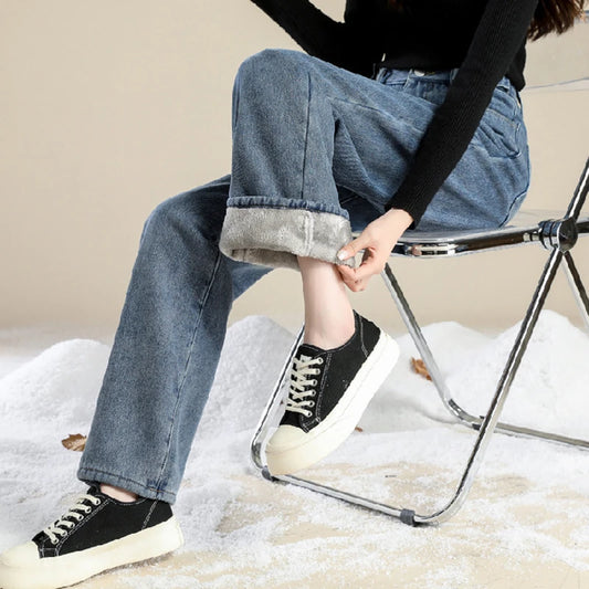 Women Winter Pants Blue Jeans Woman Korean Fashion Straight Leg Jeans Streetwear Y2k Denim Female Clothing Women'S High Waist