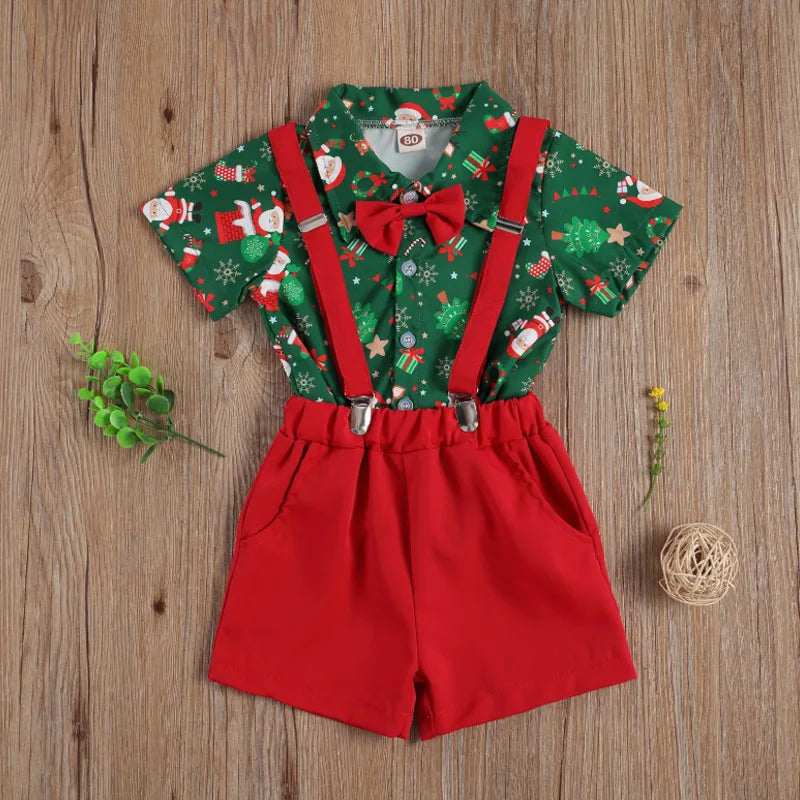 Ensemble de Noël pour bébé garçon de 1 à 6 ans : chemise à manches courtes avec nœud papillon et bretelles, short assorti.