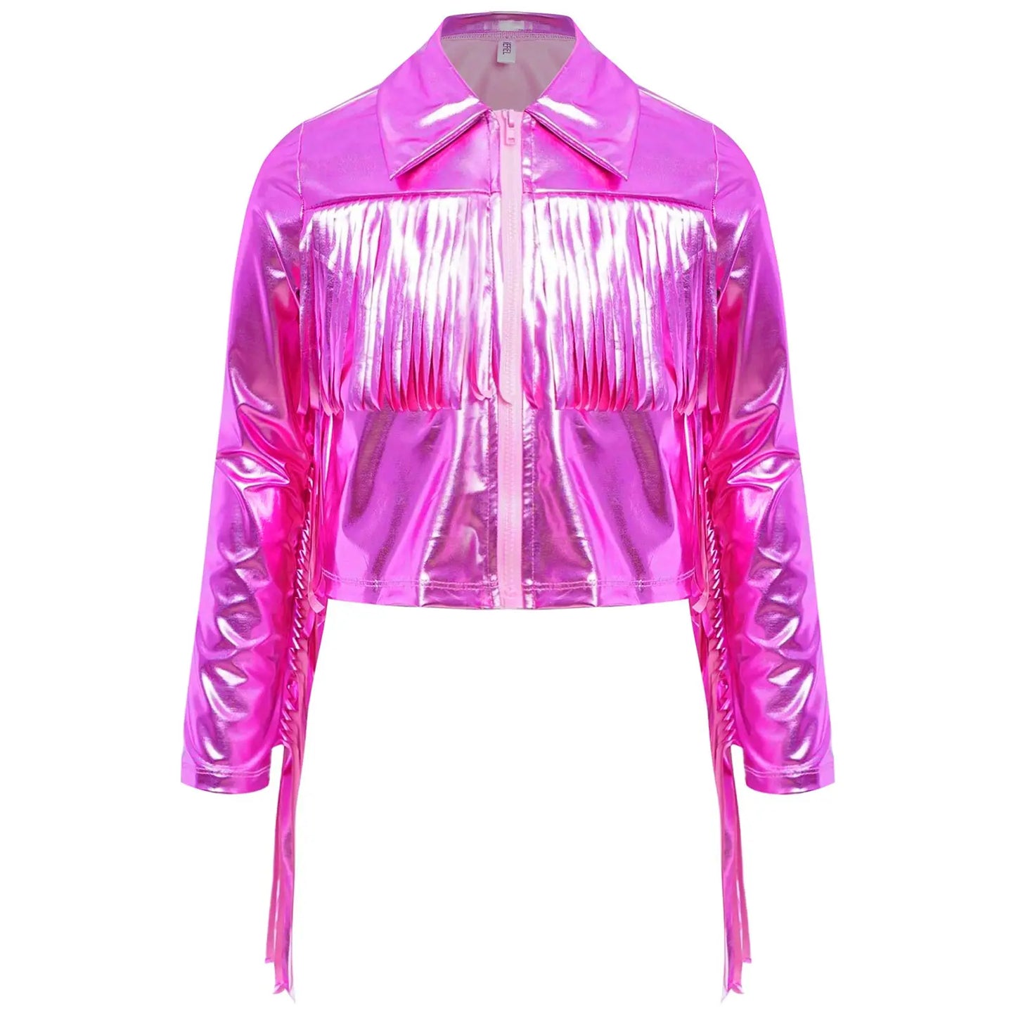 Kids Girls Tassels Metallic Jacket Top Fringe Shiny Turn-Down Collar Long Sleeve Zipper Jacket Coat for Hip Hop Street Dance