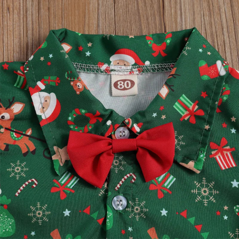 Ensemble de Noël pour bébé garçon de 1 à 6 ans : chemise à manches courtes avec nœud papillon et bretelles, short assorti.