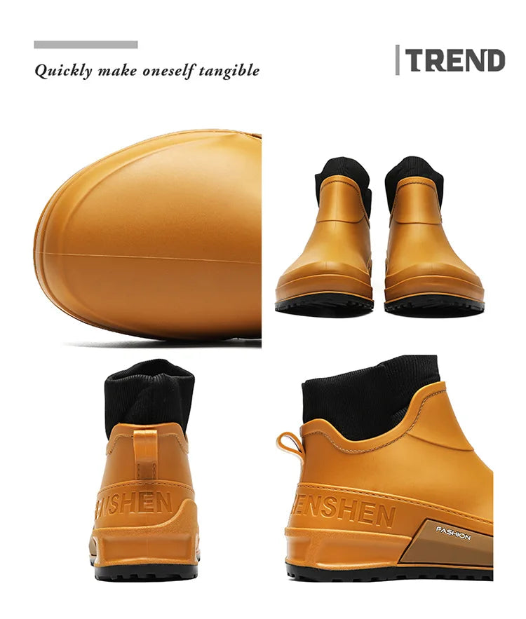 Waterproof Ankle Rain Boots for Men Chef Kitchen Fleece-lined Man Shoes Work Fashion Rainy Day Non-slip Garden Fishing Wellies