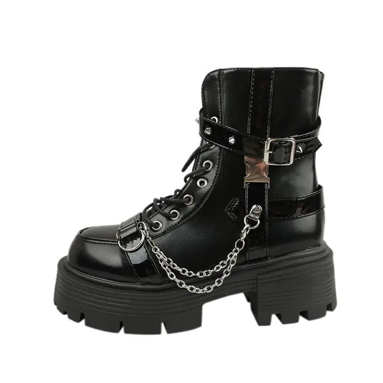 Punk Best - Selling Black Chunky Combat Boots, Metal Chain & Buckle Straps, Ideal for Daily Streetwear